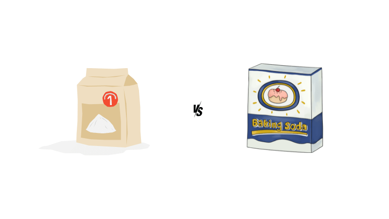 On the left, a bag of baking powder with a red logo is depicted, while on the right, a box of baking soda featuring an illustration of a cupcake is shown.