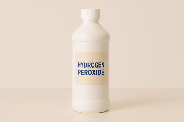 White bottle labeled hydrogen peroxide on counter.