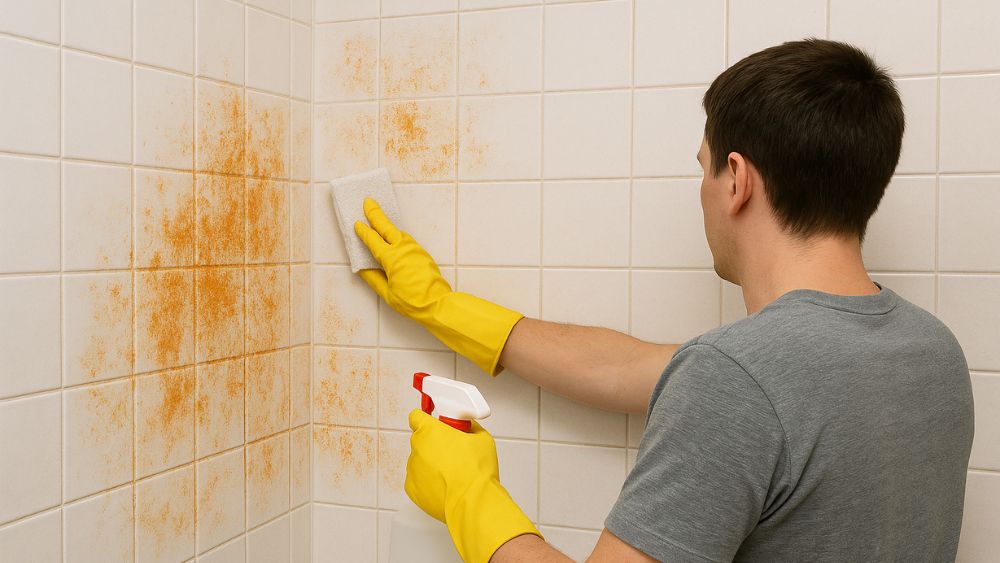 A person wearing yellow gloves is cleaning orange mold from white shower tiles using a spray bottle and sponge.