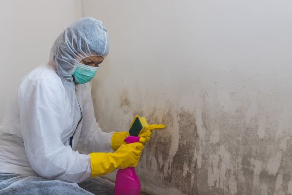 Cleaner in protective gear scrubbing moldy wall