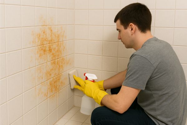Man scrubbing orange mold from shower wall.
