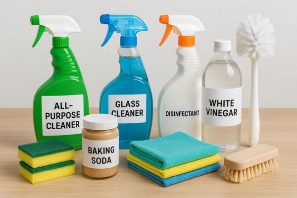 Cleaning supplies including all-purpose cleaner, vinegar, sponges, and brushes.