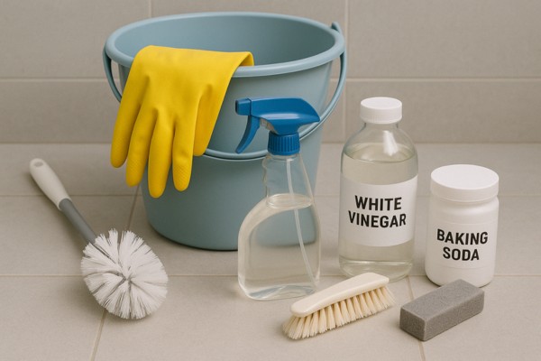 Toilet cleaning supplies including gloves, scrub brush, white vinegar, baking soda, and spray bottle.