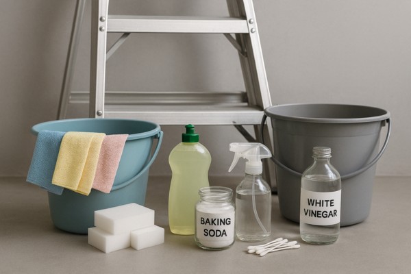 Cleaning supplies arranged neatly with buckets, sponges, and a ladder