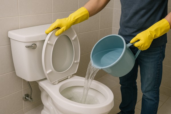 Person wearing yellow gloves pouring water from a bucket into a toilet bowl.
