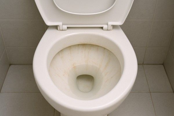 Toilet bowl with visible hard water stains around the water line.