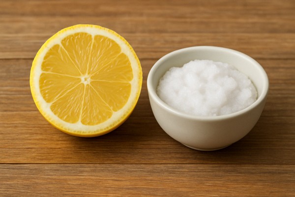 Half a lemon next to a bowl of white cleaning paste on a wooden surface.