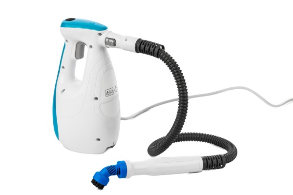 Steam cleaner with hose and brush nozzle on a white background