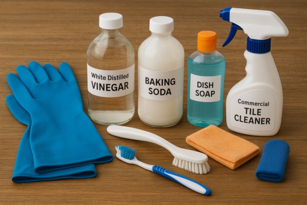 Various cleaning supplies including vinegar, baking soda, dish soap, and gloves for tile cleaning.