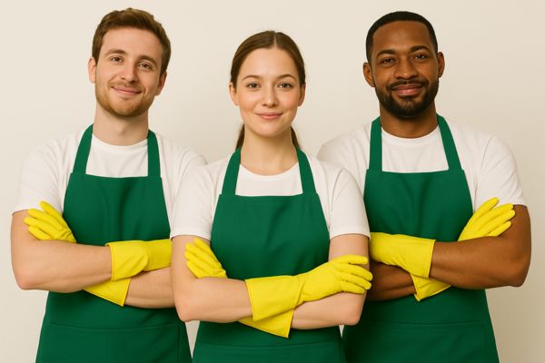 Three confident cleaners with arms folded smiling.