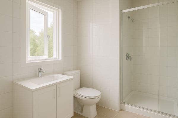 Bright bathroom with open window and shower.
