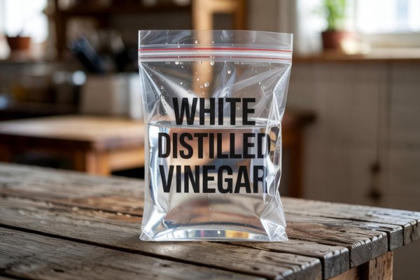 a transparent plastic bag of white distilled vinegar on a wooden table