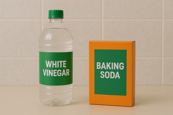 Bottle of white vinegar and box of baking soda on a kitchen counter.