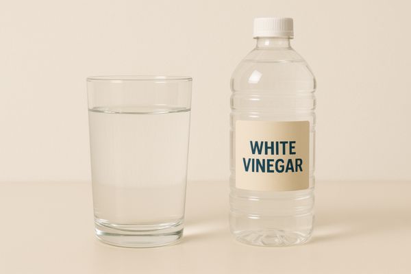 Glass of water beside white vinegar bottle.
